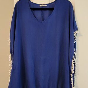 Adreamly Womens Pom Pom Trim Kaftan Chiffon Beach Cover Up